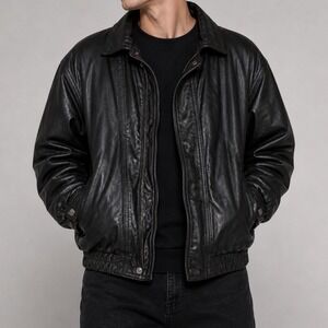 Montevideo Leather Factory Vintage Black Bomber Jacket Uruguay Mens XL